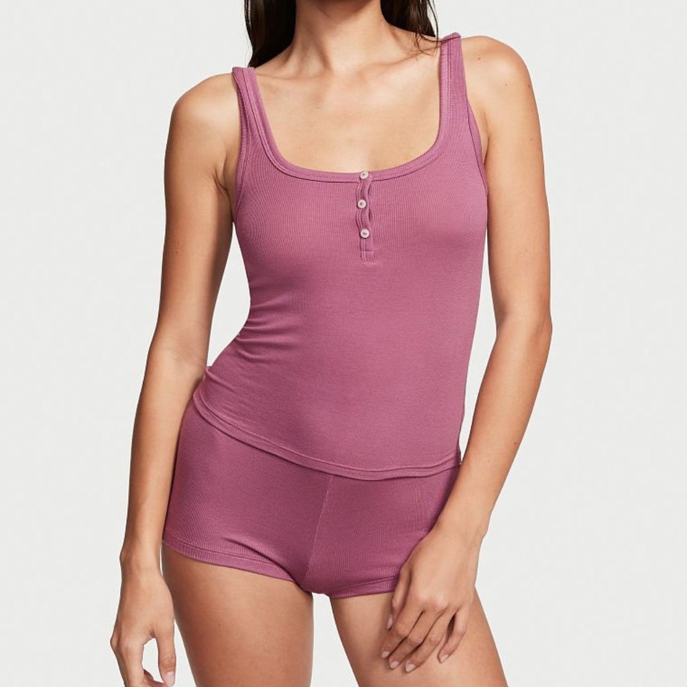 VS XL Ribbed Modal Henley Tank Short Set Light Bordeaux PJ Set Pajamas Comfy NWT